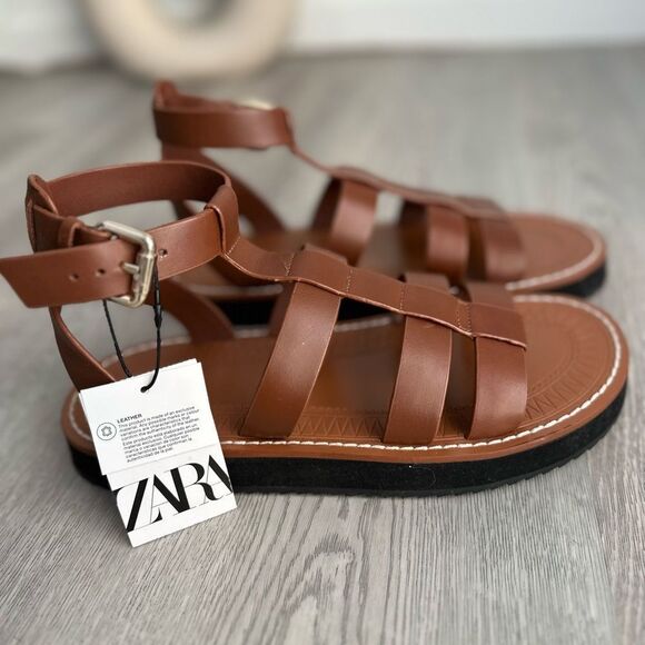 NWT ZARA LEATHER FISHERMAN SANDALS BROWN - Picture 6 of 7